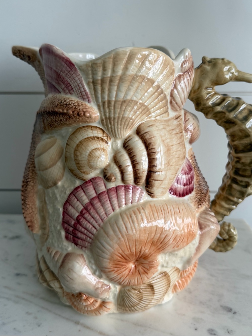 Vintage Pacific Rim Pitcher Sea Shells Starfish Seahorse Handle